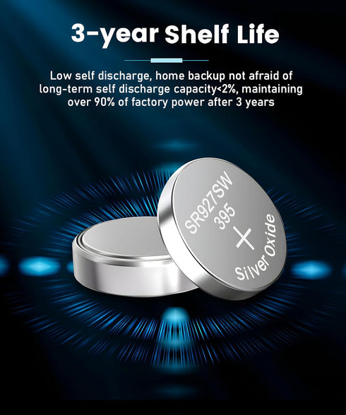 395 Watch Battery SR927SW 395 399 LR927 AG7 1.55V Silver Oxide Button Batteries for LED Light, 10 Pack