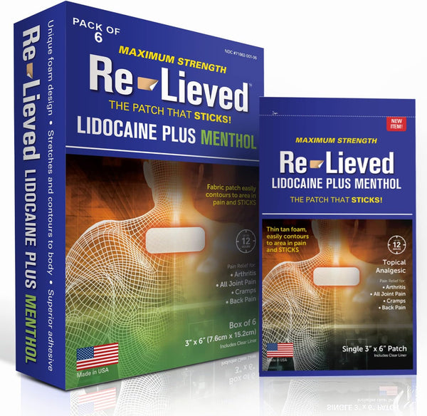 4% Lidocaine & 1% Menthol Pain Relief Patches - Maximum Strength Medicated Stick-on Patches for Joint & Muscle Pain (6
