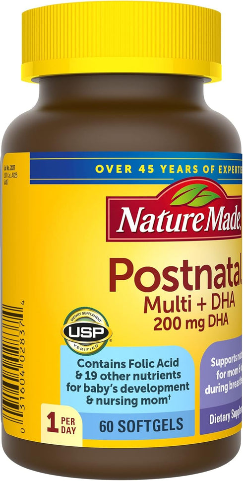 Nature Made Postnatal Multivitamin + DHA 200 mg, 60 Softgels - Vitamins & Nutrients for Breastfeeding Moms & Babies,