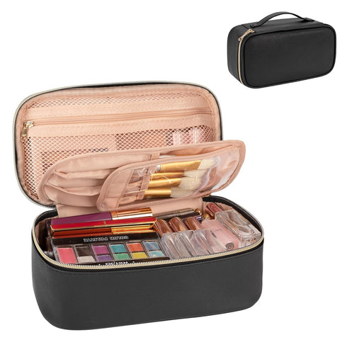 OCHEAL Small Black Cosmetic Bag, Portable Cute Travel Makeup Pouch for Women & Girls, Makeup Brush Organizer