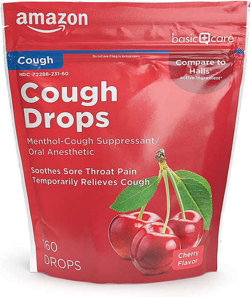 Amazon Basic Care Cherry Menthol Cough Drops for Sore Throat Relief, Soothing