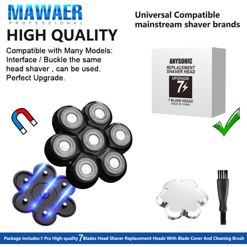 Universal Replacement Heads for Freedom Series Head Shaver, 7 Blades Magnetic Interface, Wet and Dry