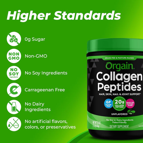 Orgain Hydrolyzed Collagen Peptides Powder 20g Grass Fed Collagen, Unflavored, 1lb - Hair, Skin, Nail & Joint Support