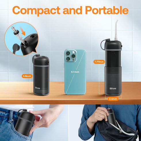 Bitvae P1 Portable Water Flosser for Teeth, Cordless Mini Water Dental Flosser with Telescopic Water Tank, Black