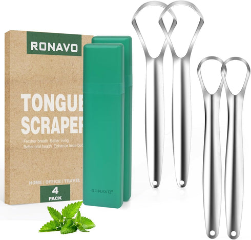 RONAVO Tongue Scraper Cleaner, Heavy Duty Scraper for Adults and Kids, 4 Pack with Travel Case
