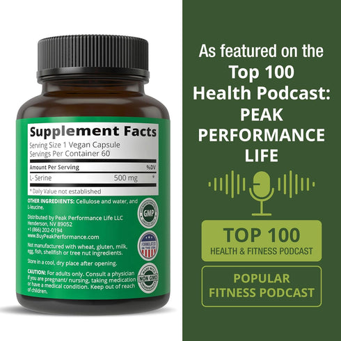 Peak Performance L-Serine Capsules 500mg, Best Brain and Nootropic Amino Acids, Non-GMO Supplement (60 Servings)