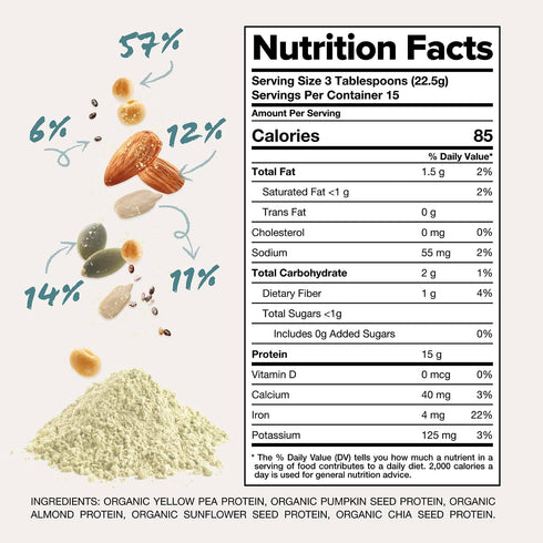 Complement Organic Unflavored Vegan Protein Powder (15 Servings), Low Carb, Low Calorie, Sugar Free, Soy Free, Non-GMO,