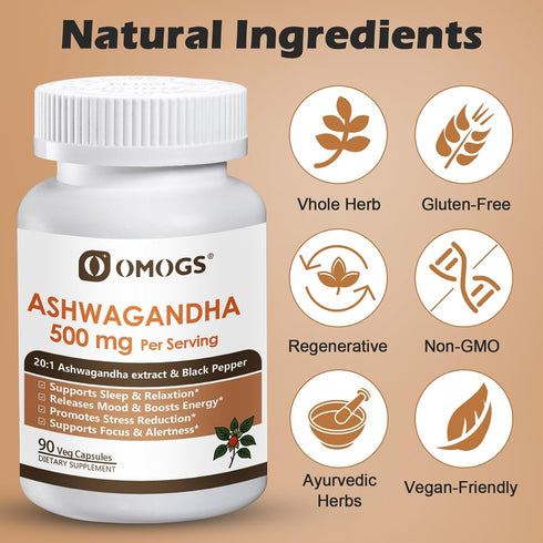 Immune 90 OMOGS Organic Ashwagandha, Pure Herb Extract, Added Black Pepper, High Absorption, for Boosts Energy, Sleep