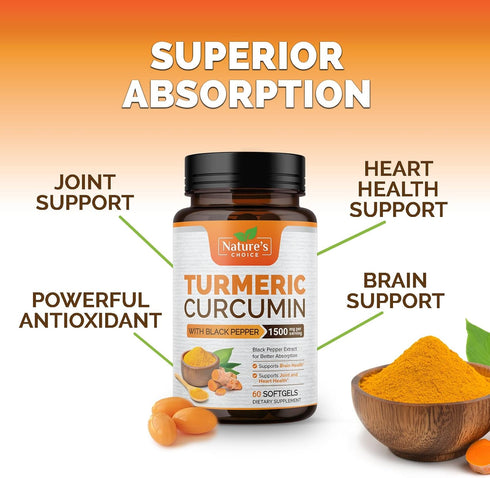 Turmeric Curcumin Supplement 1500mg with Curcuminoids, Black Pepper for Advanced Absorption, 60 Softgels