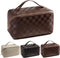 Large Capacity Checkered Makeup Bags, Portable Open-Flat Toiletry Waterproof Bag for Women with Divider and Handle