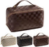 Large Capacity Checkered Makeup Bags, Portable Open-Flat Toiletry Waterproof Bag for Women with Divider and Handle