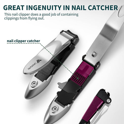 Nail Clippers with Catcher, No Splash Fingernail Toenail Clippers with Sharp Curved Blade and Glass Nail File, Wide Jaw Opening Stainless Steel Nail Cutter Trimmer for Seniors Adult Men Women