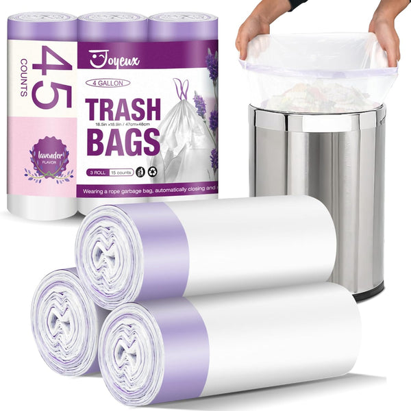 JOYEUX 45 Count Small Trash Bags, 4 Gallon Drawstring White Garbage Bags for Bathroom Bedroom Office