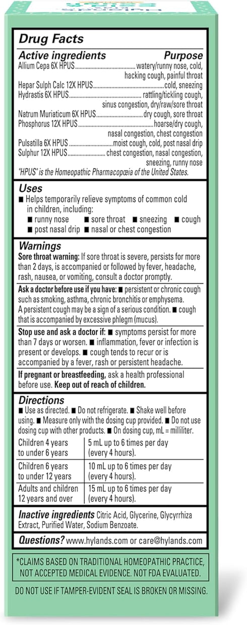 Hyland's Kids Cold and Cough Nighttime Cough Syrup, 4 Fl Oz, Decongestant for Ages 2 and Up
