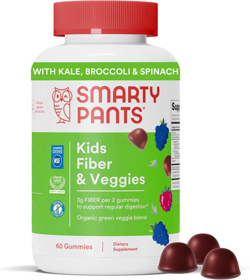 SmartyPants Kids Fiber & Veggies - 60 Count, Prebiotic Fiber Gummies, Vegan, Gluten Free, Mixed Berry Flavor