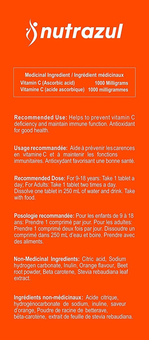 nutrazul Vitamin C 1000mg Effervescent Tablets - Orange 20’s (Pack of 3) | Gluten Free, Lactose Free, Sugar Free &