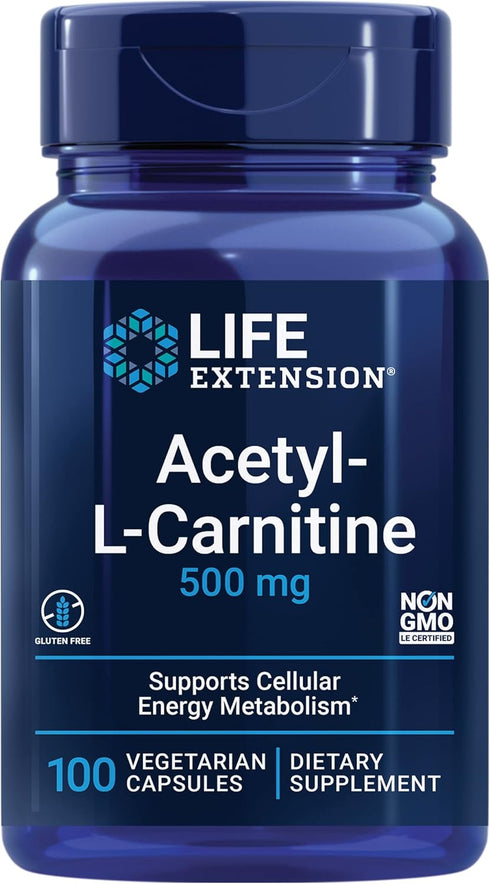Life Extension Acetyl-L-Carnitine, 100 Capsules | Brain, Mood & Nerve Health, Cellular Energy, Gluten-Free, Non-GMO