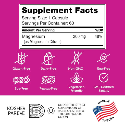 Zahler Magnesium Supplement Capsules 200 mg (60 Count) - Certified Kosher Bioactive Magnesium Citrate