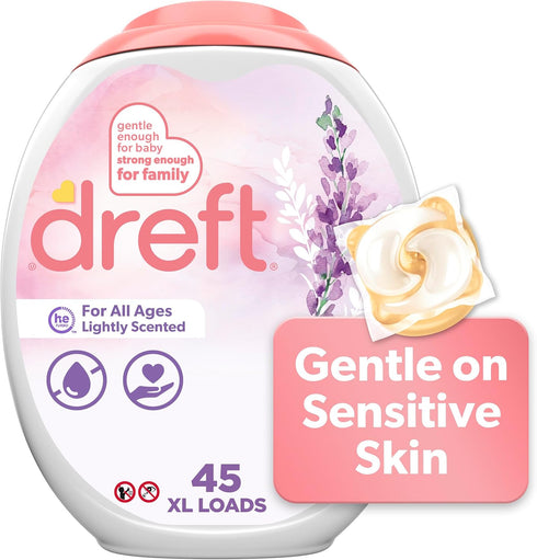 Dreft Laundry Detergent XL Pacs, Light Scent, Lavender, 45 Count