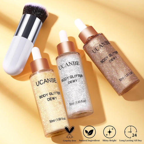 UCANBE 3 Pcs Face Body Glitter Liquid Highlighter, Illuminator Dewy Drops with Makeup Brush, 50ml/1.69oz x 3