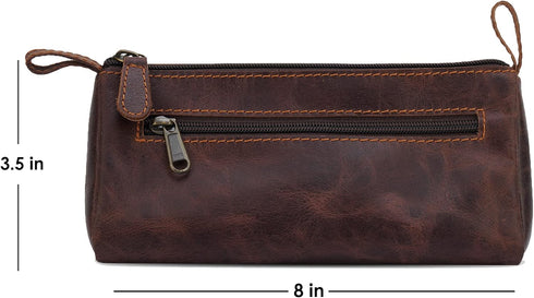 Makeup Bag for Travel - Slim Stylish Design, Genuine Leather Stationary Bag Fits in All Purses & Bags