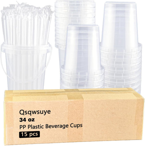 Qsqwsuye 15sets 34 packaging disposable plastic cup with lid and straw, ounce reusable and suitable for outdoor travel