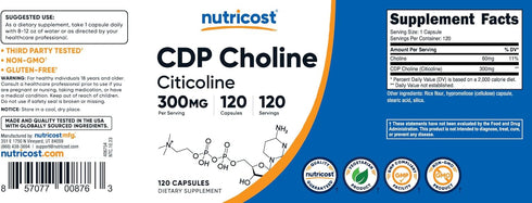 Nutricost CDP Choline (Citicoline) 300mg - 120 Vegetarian Capsules, Non-GMO, Gluten Free