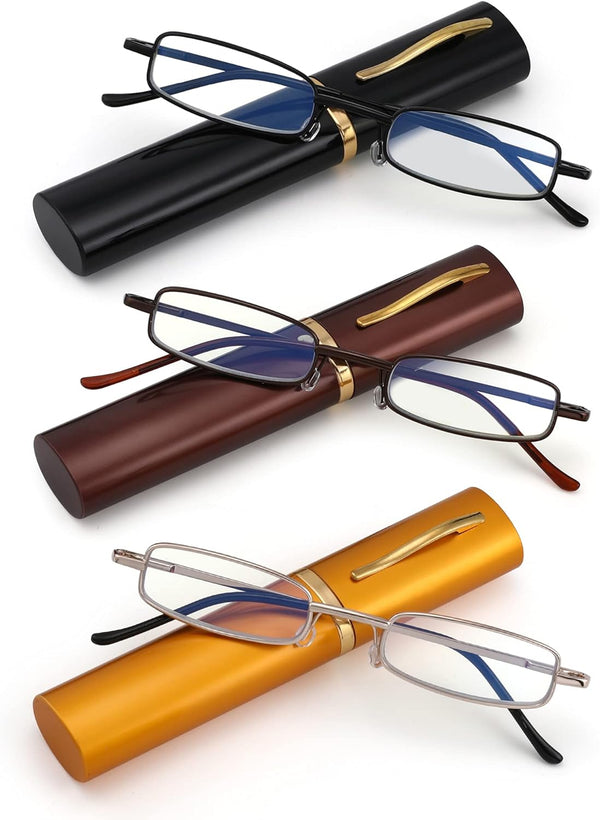 3 Pack Slim Pocket Reading Glasses, Blue Light Blocking Readers with Spring Hinge Metal Frame & Portable Pen Clip Tube