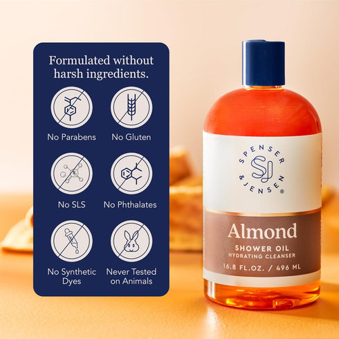 Spenser & Jensen Hydrating Almond Shower Oil, Body Wash for All Skin Types, 16.8 Oz (Pack of 1), Rich in Vitamin E