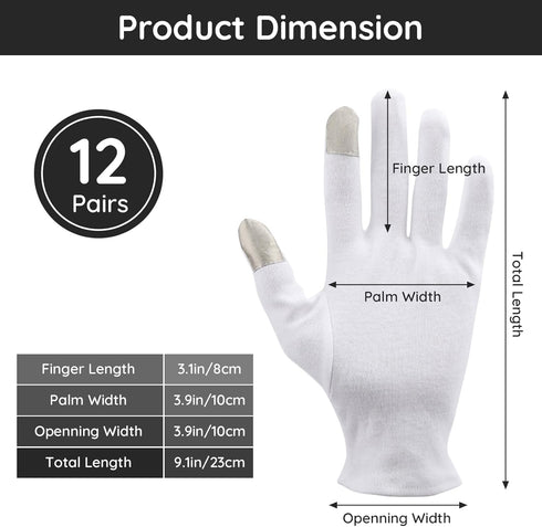 Segbeauty Cotton Gloves for Dry Hands, 24 Counts White Gloves with Touchscreen Fingers for Hand Moisturizing Overnight