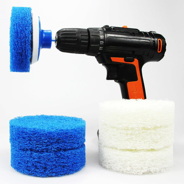 7 Piece Drill Brush Attachment Set, Power Scrub Pad Cleaning Kit, Blue and White Scouring Pads