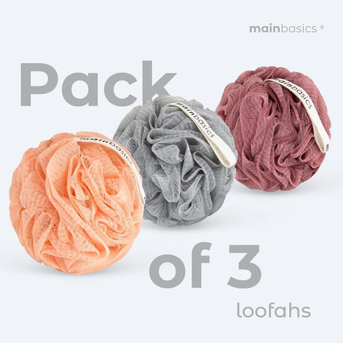 MainBasics Bath Shower Loofah Sponge Pouf, Body Scrubber Exfoliator Body Wash Sponge (Set of 3, Coral Reef)
