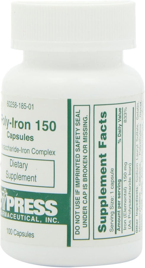 Poly Iron Capsules 150 mg Dietary Supplement by Cypress Pharmaceutical, 100 Caps per Bottle
