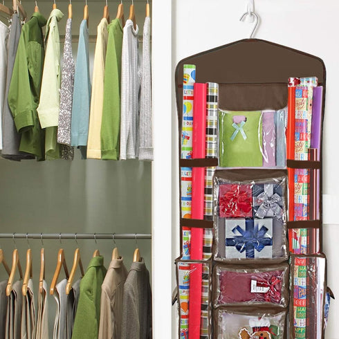 ProPik Hanging Double Sided Wrapping Paper Storage Organizer with Multiple Pockets, 40"X17" Clear PVC Bag (Brown)