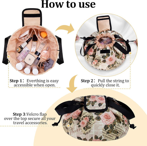 Barrel Drawstring Makeup Bag - Large Travel Cosmetic Organizer for Makeup Essentials and Hair Products (Rose Retro