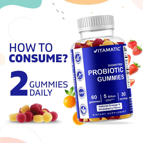 Vitamatic Probiotic Sugar Free Gummies, 5 Billion CFUs for Digestive, Immune & Gut Health, Gluten Free for Men and