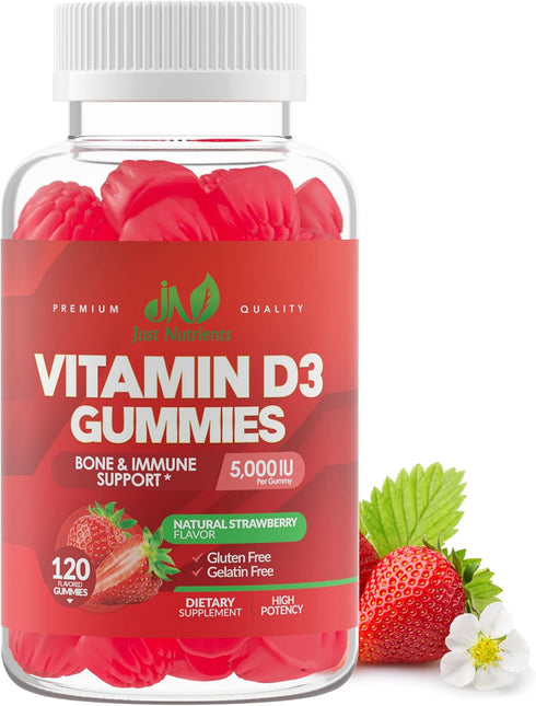 Vitamin D3 Gummies 5000IU / 10,000IU for Adults & Kids - 120 Count Gluten-Free, Non-GMO, Great Tasting Strawberry Flavor