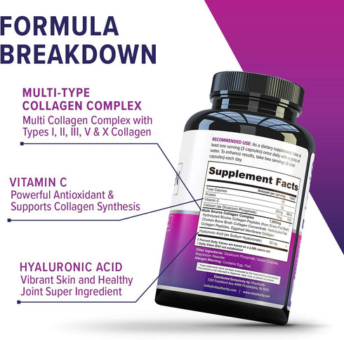 Vitauthority Multi Collagen Pills for Women and Men, High Absorption Hydrolyzed Collagen Peptides Capsules