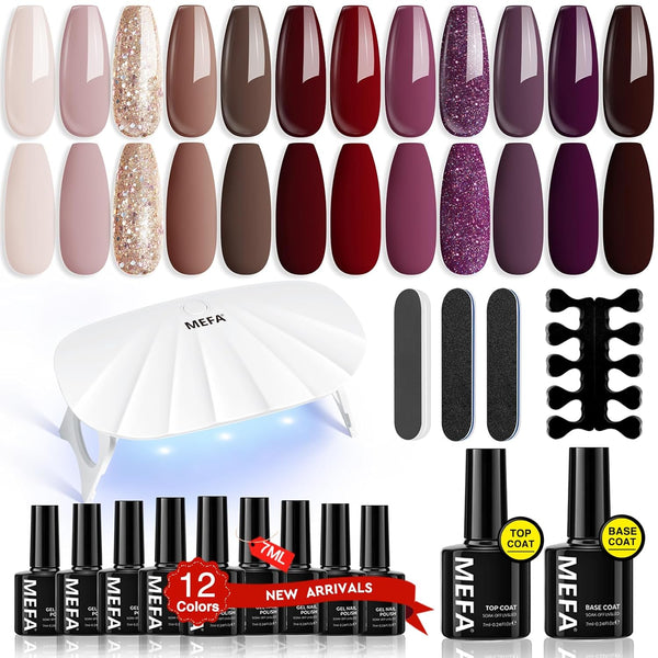 MEFA 19 Pcs Gel Nail Polish Kit with UV Light, 12 Colors Burgundy Red and Champagne Gold Glitter for DIY Nails