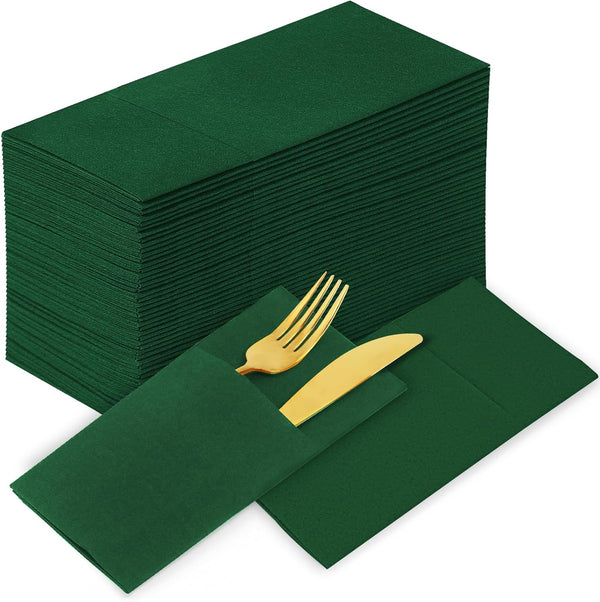 KAMMAK 100 Pack Disposable Cloth-Like Dark Green Dinner Paper Napkins - Premium Thick with Flatware Pocket