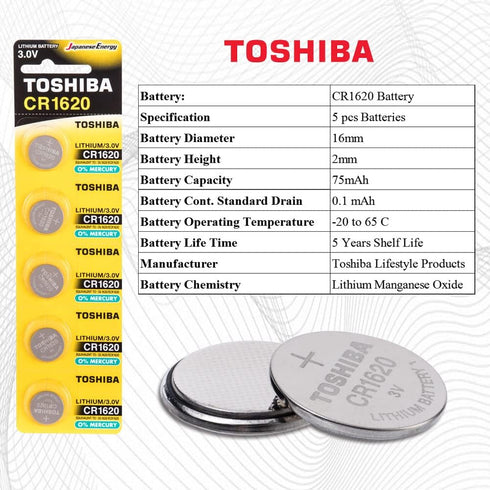 CR1620 3V Lithium Coin Cell Battery, Toshiba, Pack of 5