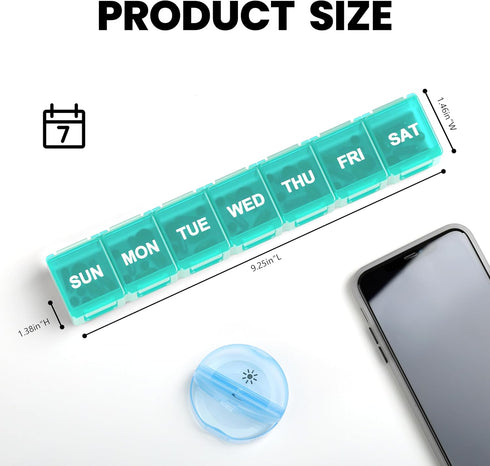 Sukuos Extra Large Weekly Pill Organizer, 7 Day Daily Pill Box Case, Arthritis Friendly, Clear Lid for Vitamins, Cyan