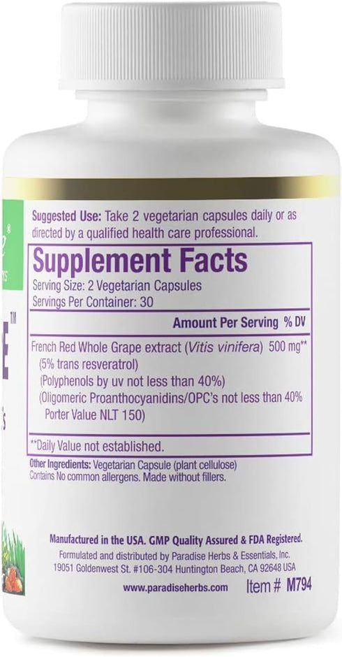 Paradise Herbs Resveragrape, Resveratrol + Polyphenols + Opc's, Super Potent, Ultra Pure, Non-GMO, Gluten Free, 60 Vegetarian Capsules