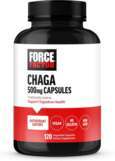 FORCE FACTOR Chaga Mushrooms Capsules, Vegan Mushroom Supplement for Gut Health and Digestion, 120 Capsules