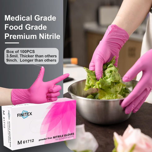 FINITEX Pink Nitrile Disposable Gloves - 3.5mil, 100PCS Powder Free Latex Free Cleaning Medical Exam Food Gloves