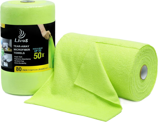 80 Pack Microfiber Cleaning Cloth, Reusable Tear-A-Towel Roll, 11.5"x11.5", Lint Free Cleaning Rags for Kitchen, Car