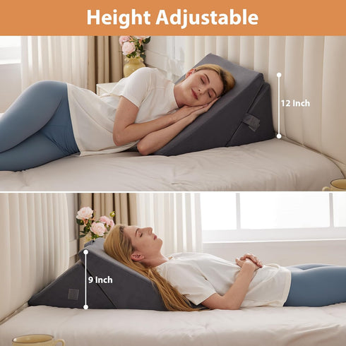 Wedge Pillow for Sleeping, 9&12” Body Pillow for Back & Neck Pain Relief, Memory Foam Wedge Pillow (Grey)
