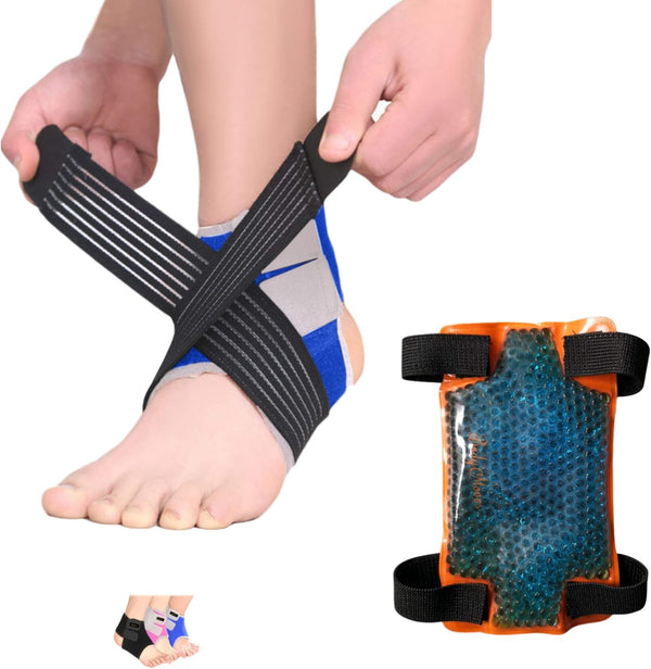 BodyMoves Kid's Ankle Brace Support, PLUS Hot and Cold Ice Pack (Active Blue, MED for Big Kids)