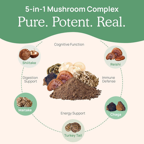 Real Mushrooms 5 Defenders Capsules - Organic Mushroom Extract for Focus and Immune Support - Vegan, 90 Caps