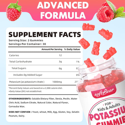 softbear Potassium Gummies for Adults, 1000mg High Potency Organic Potassium Supplement for Muscle Health - 120 Count